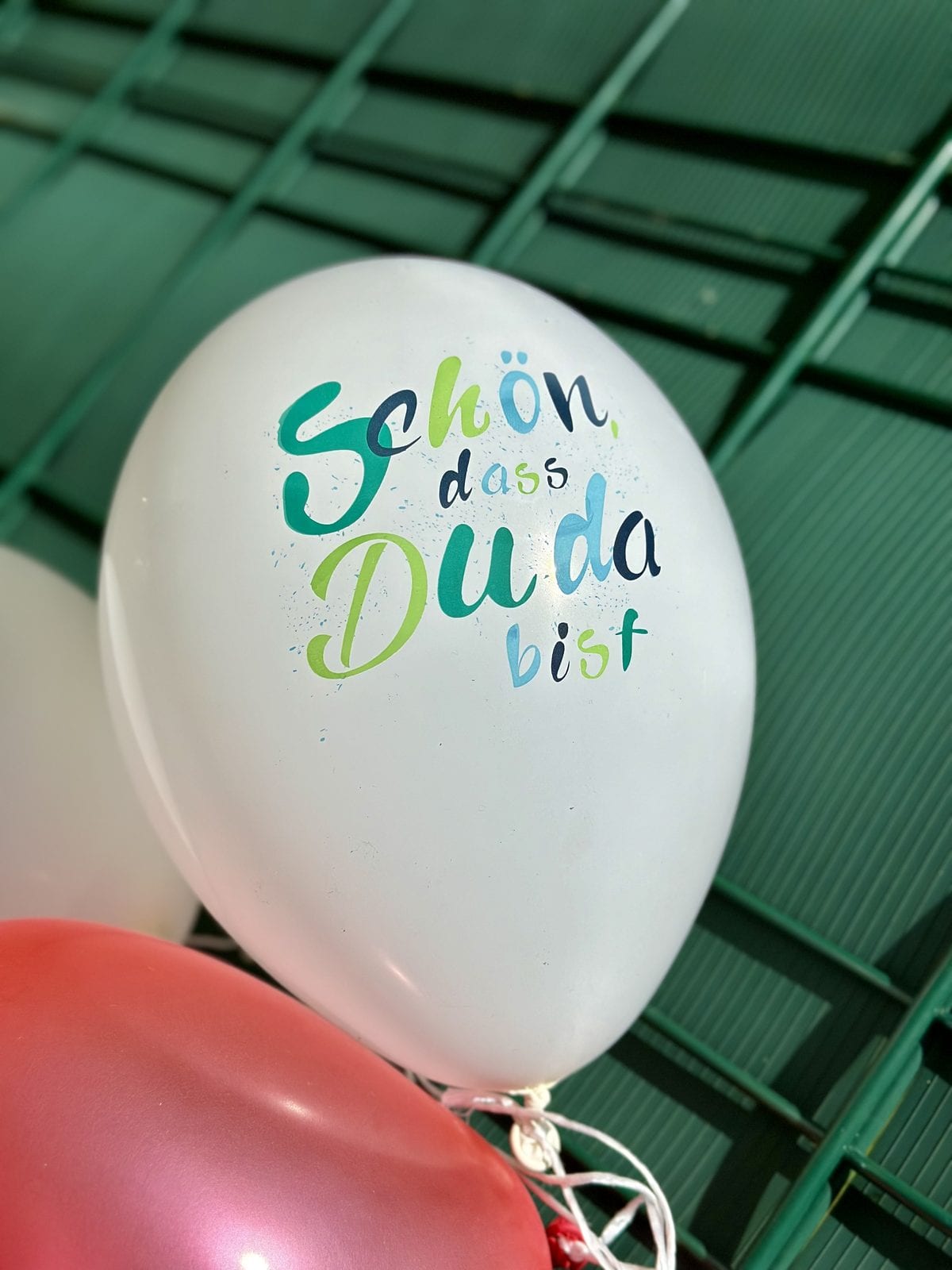 Luftballon mit dem Schriftzug Schön, dass Du da bist, vor einem grünen Zaun