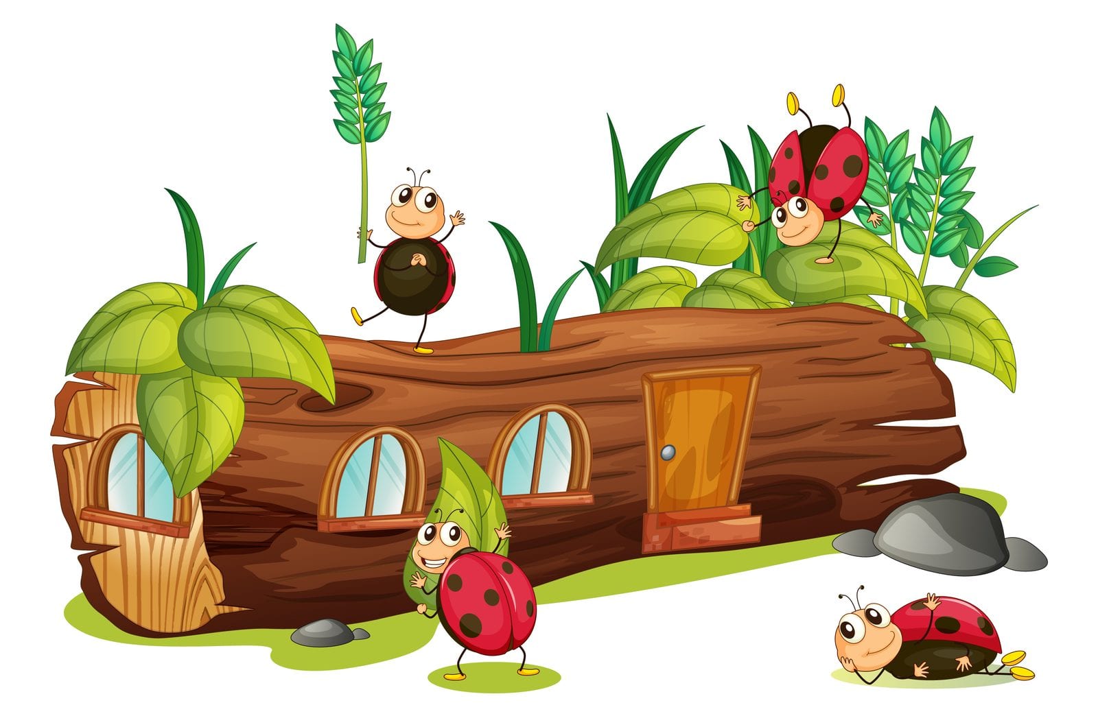 Illustration mit Marienkäfern an einem Baumstamm, der als Haus mit Tür und Fenstern dient