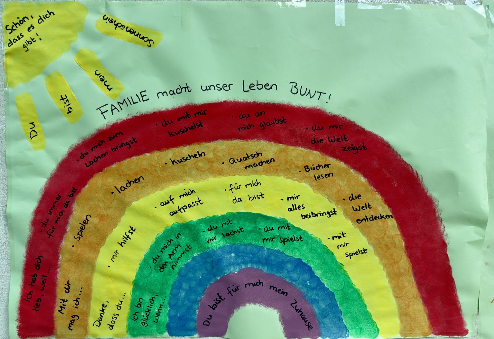Gemaltes Regenbogen-Plakat mit dem Satz Familie macht unser Leben bunt